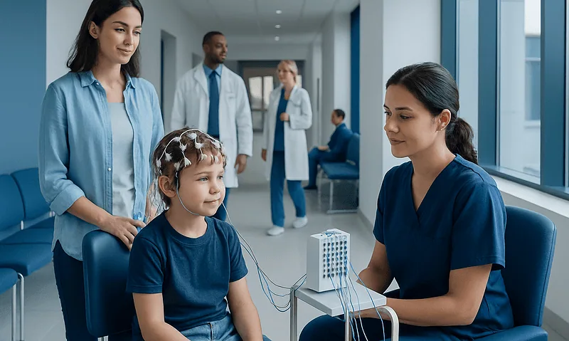 Child undergoing neurophysiology testing at Acibadem Hospital.