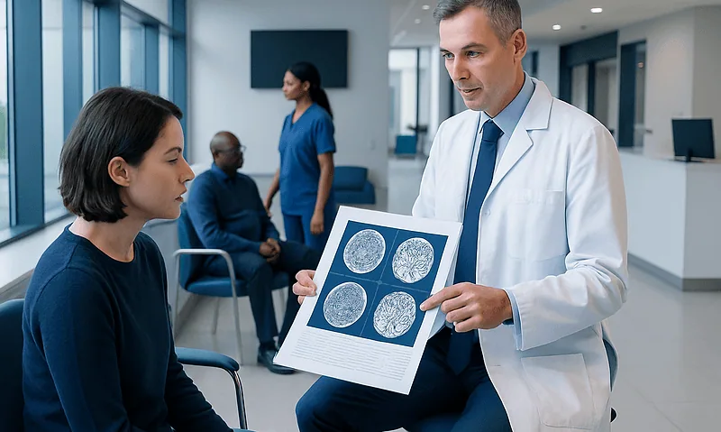 Doctor explaining neurophysiology test results to a patient in a hospital corridor.