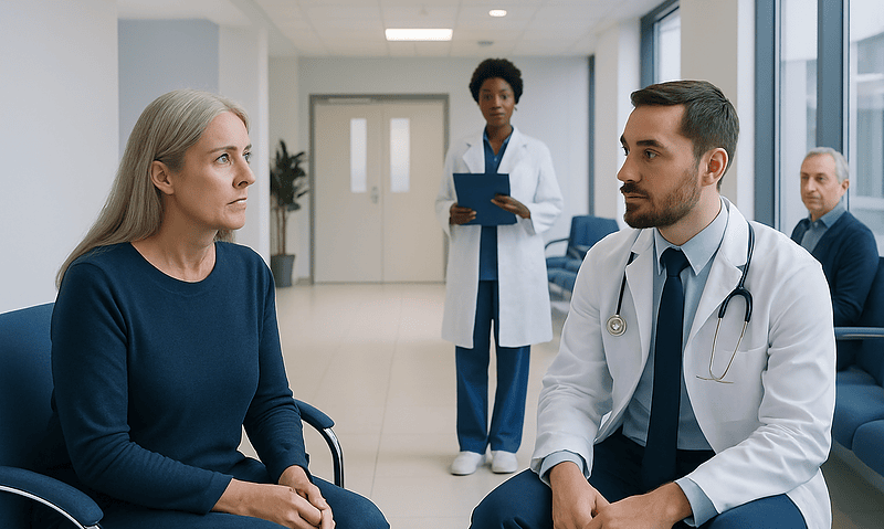 Doctor consulting with a patient in a hospital corridor.