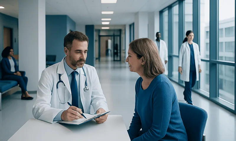 Doctor consulting with a patient in a modern hospital corridor.