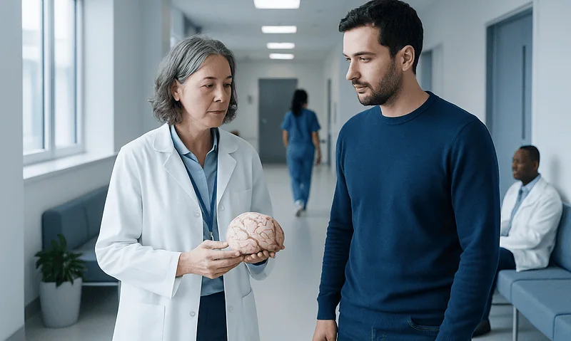 Doctor explaining brain health to a patient in a hospital corridor.
