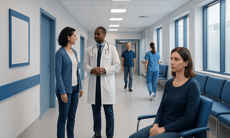 Medical professionals consulting with a patient in a hospital corridor.