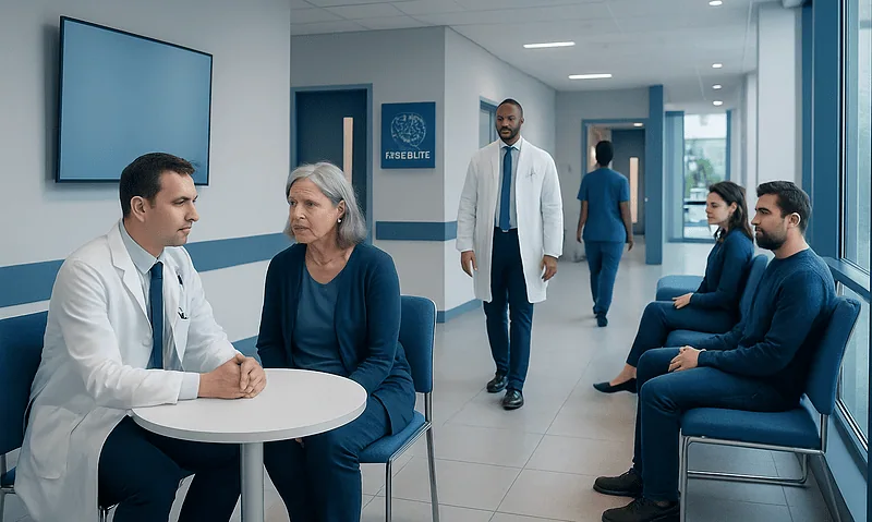 Doctor consulting with an elderly patient in a hospital corridor.