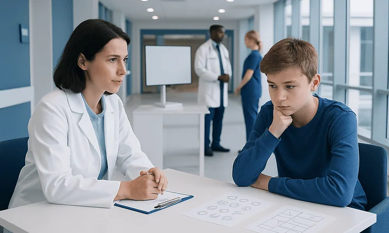 Child undergoing neuropsychological testing for ADHD at a hospital.