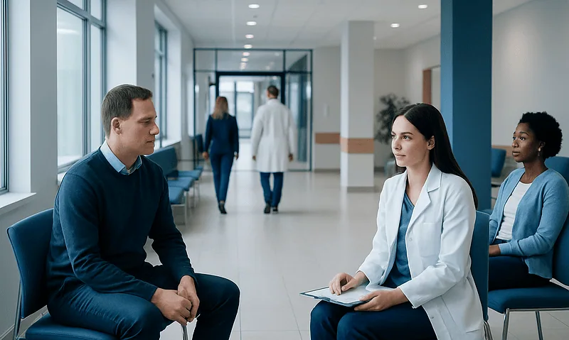 Patients in a hospital waiting area with medical staff present.