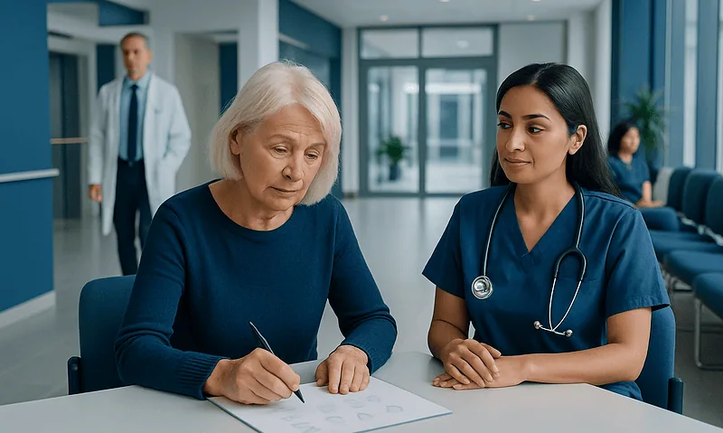Elderly woman undergoing neuropsychological testing with healthcare professional.