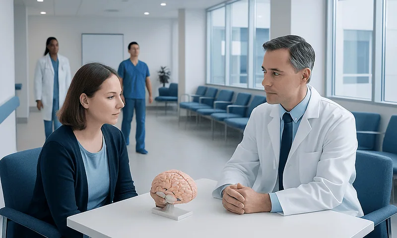 Doctor and patient discussing neuropsychological testing in a modern clinic.