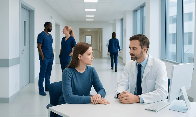 Doctor consulting with a young female patient in a hospital corridor.