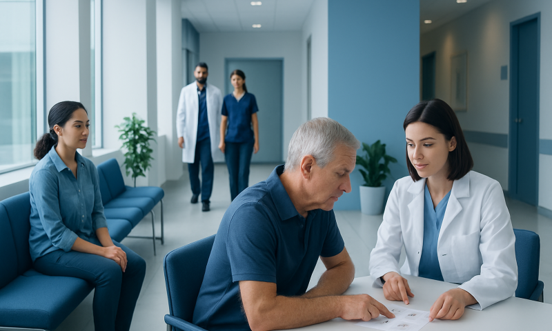 Medical professionals conducting neuropsychological testing in a hospital setting.