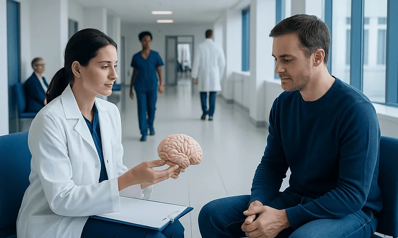 Doctor explaining brain functions to a patient in a hospital corridor.