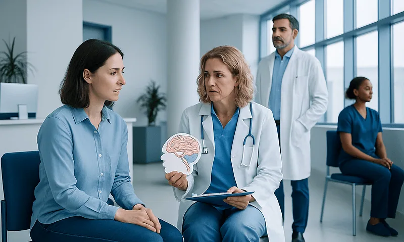 Doctor explaining brain health to patient in a hospital setting.