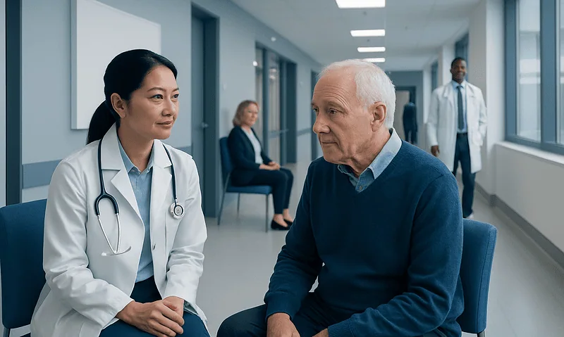 Doctor consulting with elderly patient in hospital corridor.