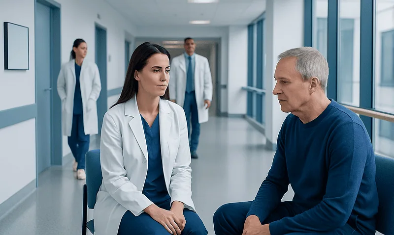 Doctor consulting with a patient in a hospital corridor.