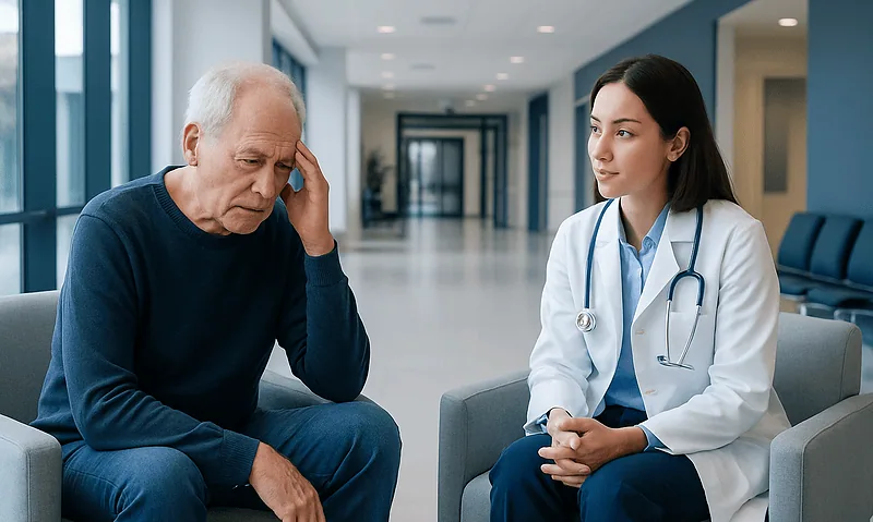 Doctor consulting with elderly patient in hospital corridor.