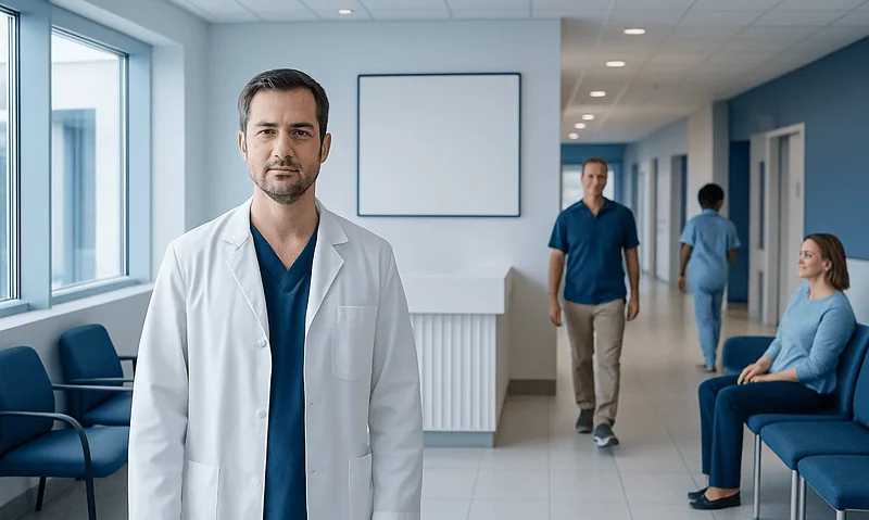 Medical professional in hospital corridor with patients and staff.