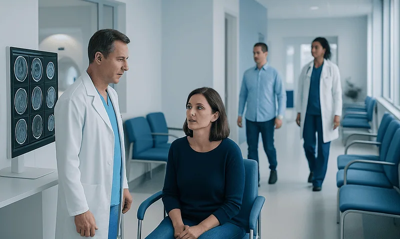 Doctor consulting a patient in a hospital corridor with medical staff in background.