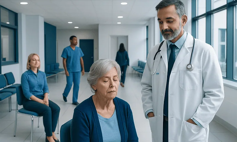 Doctor examining elderly woman in hospital corridor with patients nearby.