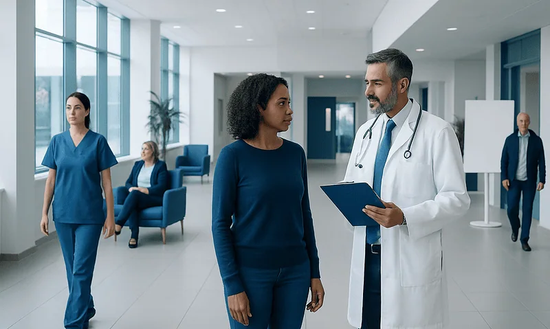 Next-Generation Sequencing in Cancer Care: What Results Can and Cannot Tell You 16 Doctor consulting patient in modern hospital corridor with staff in background.