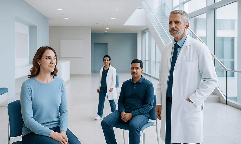 Normal Heart Rate: What Is Healthy at Rest and During Activity? 7 Doctor consulting with patients in a modern hospital lobby.