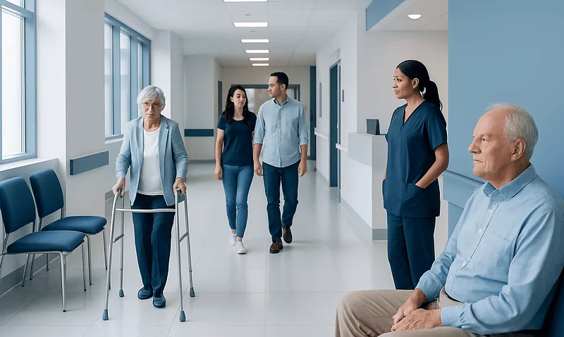 Elderly woman walking with a cane in a hospital corridor with staff and visitors.