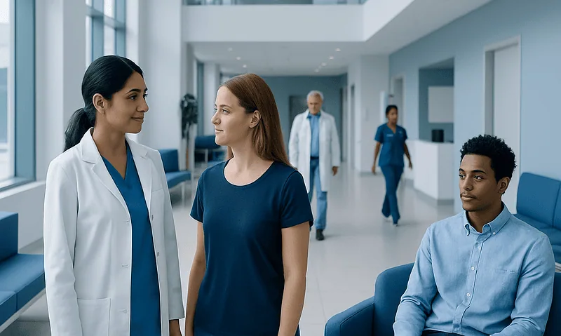 Healthcare professionals and patient in hospital corridor at Acibadem Hospitals Group.