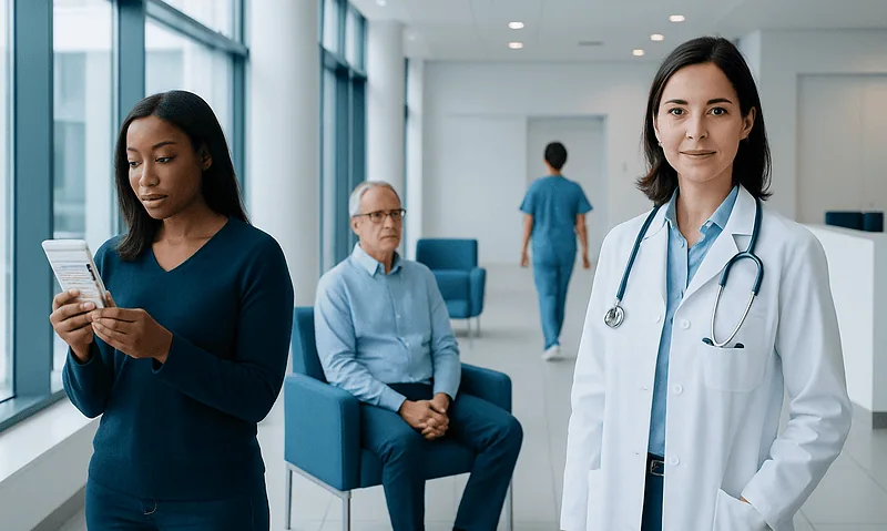 Healthcare professionals and patient in a modern hospital waiting area.