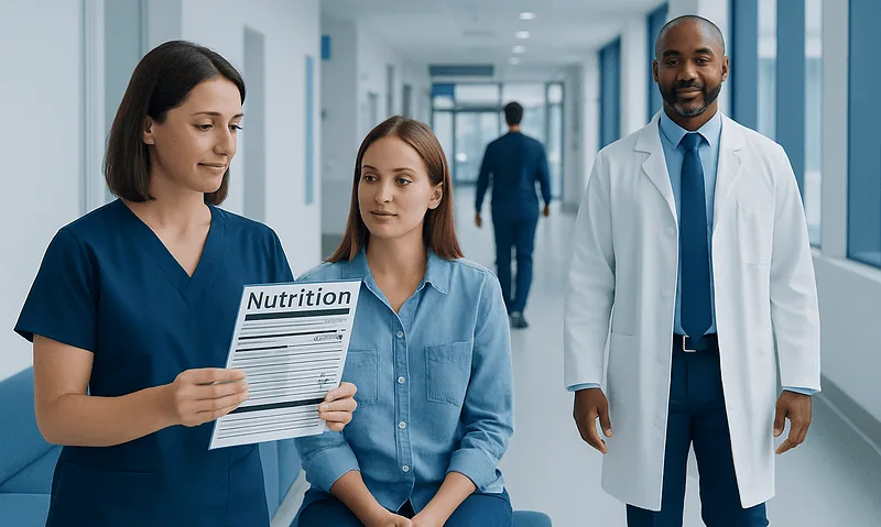 How to Read Nutrition Labels Properly: Serving Size, Calories, and Ingredients 6 Healthcare professionals discussing nutrition information in hospital corridor.