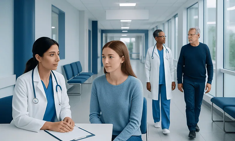 Medical consultation with healthcare professionals in hospital corridor.