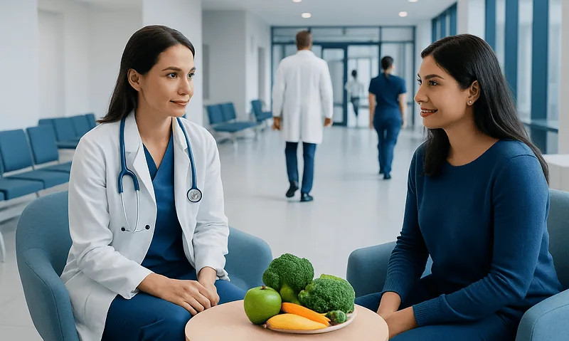 Doctor and patient discussing nutrition in hospital waiting area.