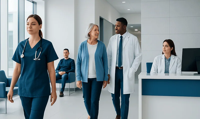Healthcare professionals and patient in a modern hospital lobby.