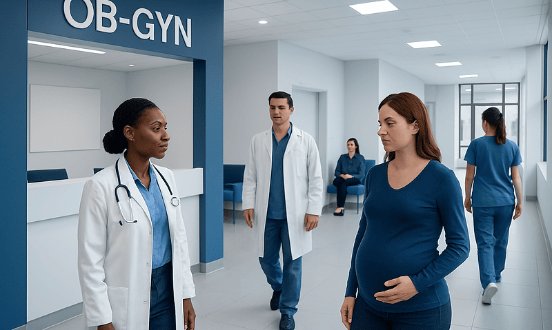 OB-GYN Meaning: What an Obstetrician-Gynecologist Does 7 Pregnant woman at OB-GYN clinic with medical staff and doctors.