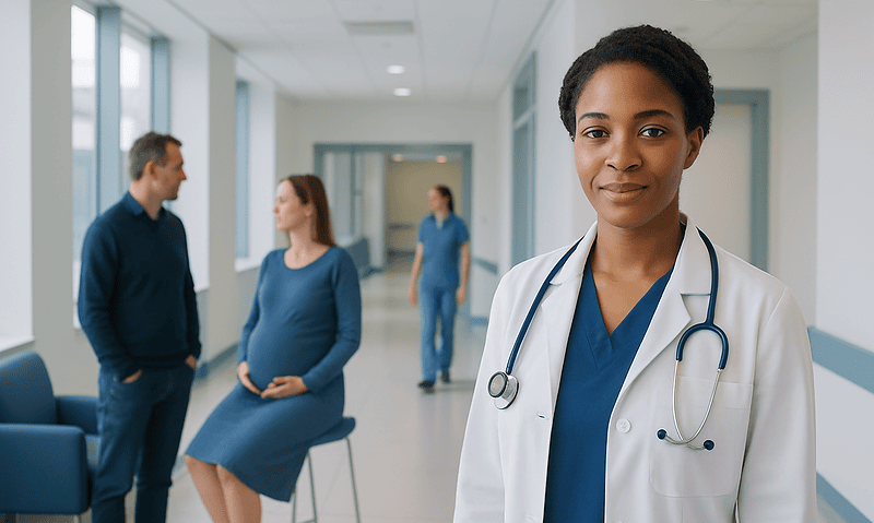Female doctor in hospital corridor with pregnant woman and staff in background.