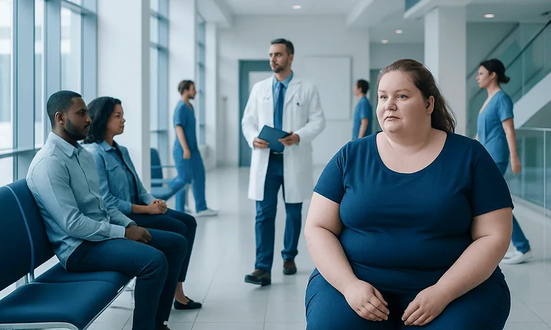 Obese woman waiting in a hospital corridor with medical staff and patients.