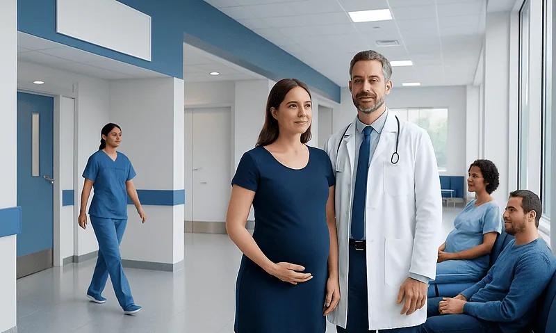 Obstetrics Explained: Pregnancy Care From First Visit to Delivery 1 Pregnant woman with doctor in hospital corridor with medical staff in background.