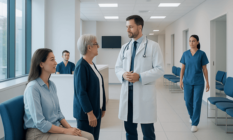 Health Library 17 Doctor consulting with elderly patient in hospital corridor with medical staff nearby.