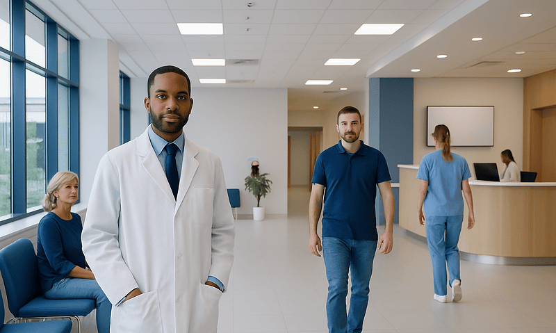 Medical professionals and patients in a modern eye care clinic.