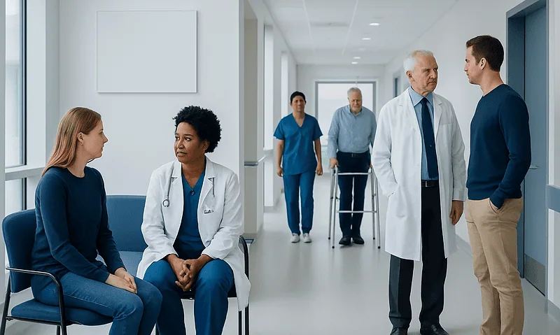 Medical consultation in hospital corridor with doctors and patient.