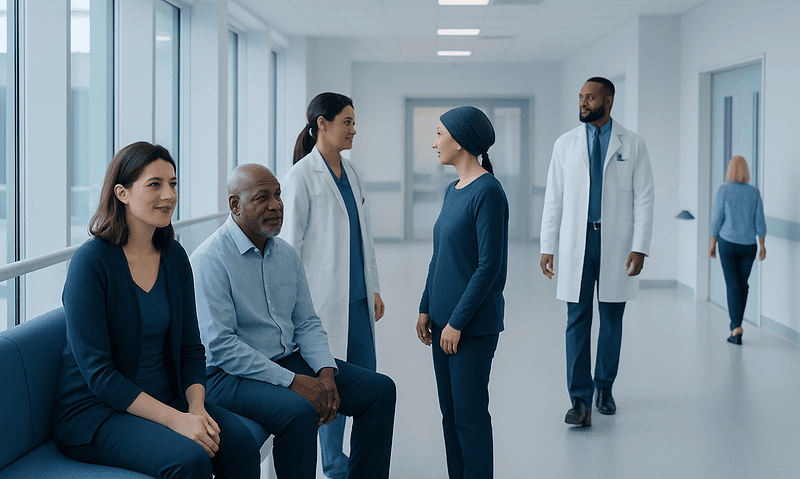 Medical team consulting with patient in hospital corridor.