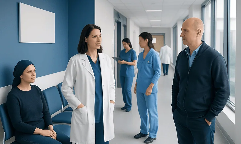 Medical team discussing patient care in hospital corridor.