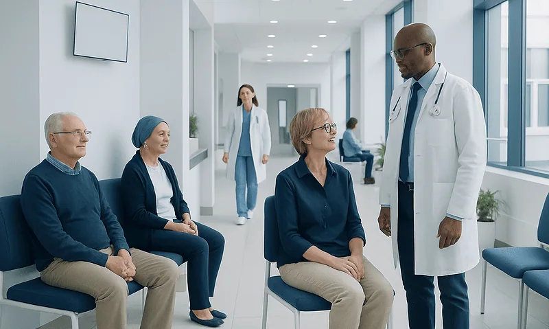 What Is Oncology? A Patient-Friendly Guide to Cancer Care 7 Medical consultation in a modern hospital corridor with diverse healthcare professionals and patient.