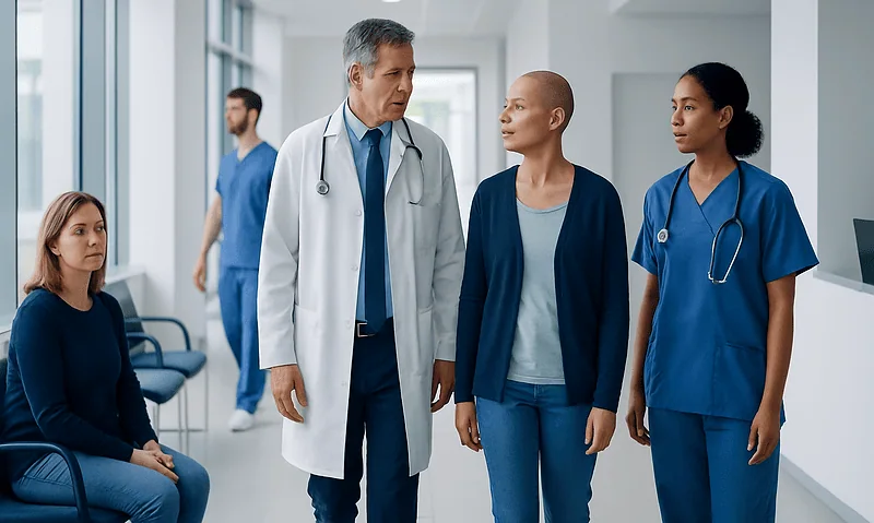 What Is Oncology? Meaning, Scope, and Types of Cancer Care 18 Medical team discussing patient care in hospital corridor.