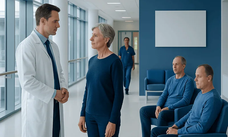 What Is Oncology? Understanding the Cancer Specialty 8 Doctor talking to an elderly woman in a hospital corridor with patients seated nearby.