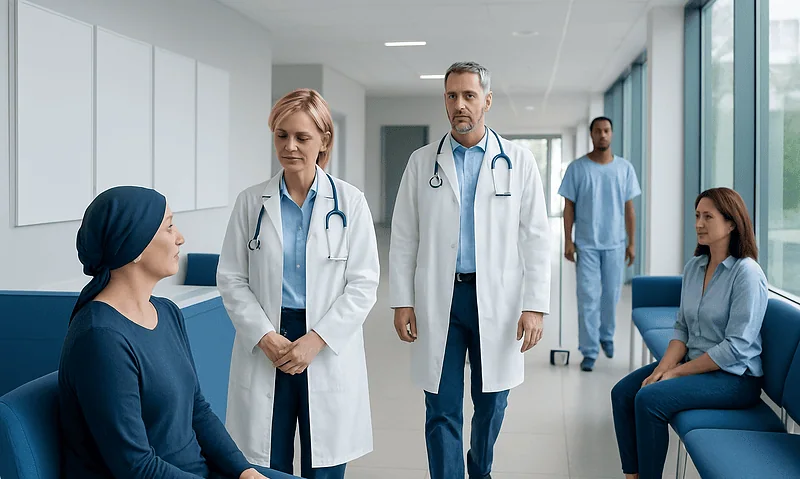 Medical team consulting with a patient in a hospital corridor.
