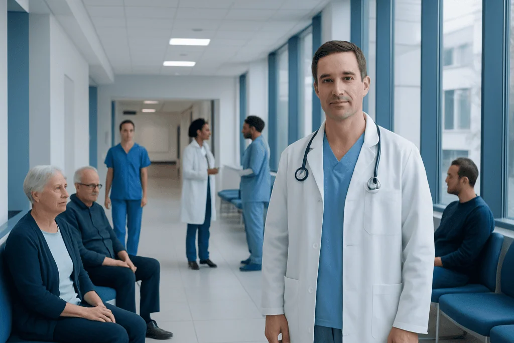 One-Lung Surgery: Why It Is Done, Recovery, and Long-Term Outlook 1 Medical team and patients in a hospital corridor at Acibadem Hospitals Group.
