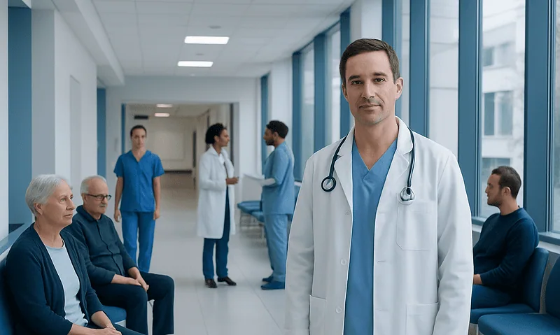 Medical team and patients in a hospital corridor at Acibadem Hospitals Group.