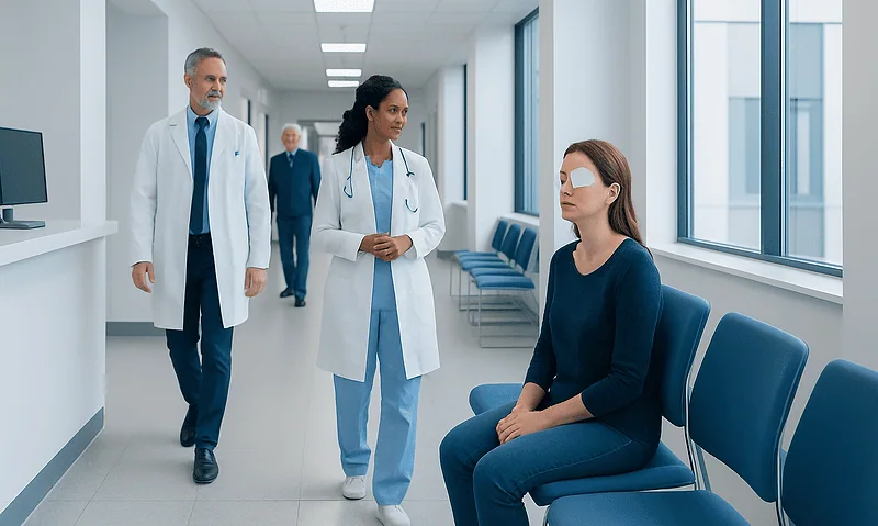 Patient with eye patch in hospital corridor with doctors nearby.