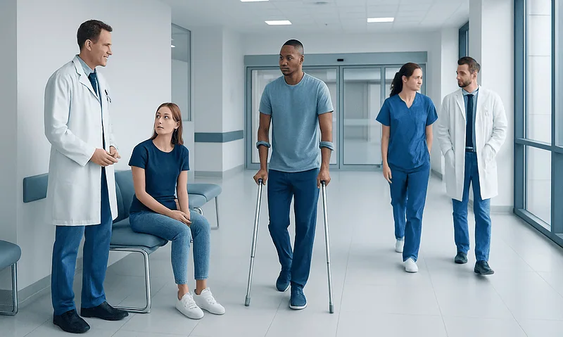 Medical team assisting a patient with crutches in hospital corridor.