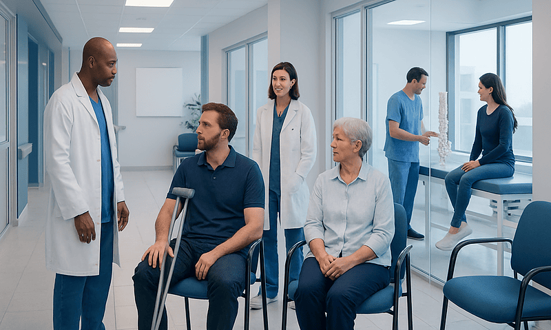 Orthopedic consultation at Acibadem Hospital with medical staff and patients.