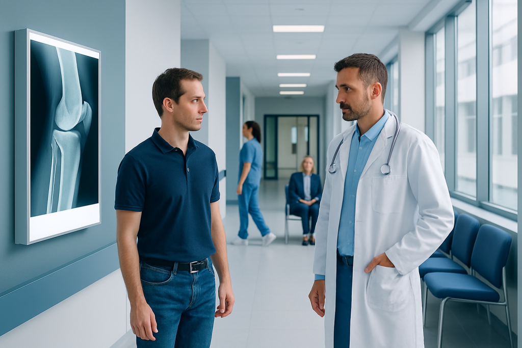 What Happens During Orthopedic Surgery? Step-by-Step for Patients 1 Doctor discussing knee X-ray with patient in hospital corridor.