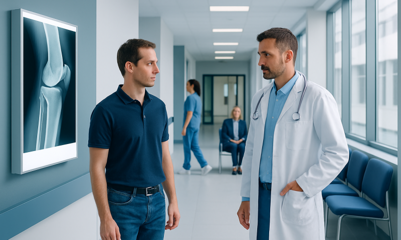 Doctor discussing knee X-ray with patient in hospital corridor.